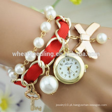Brilhante cor brilhante moda pérola pulseira relógio de quartzo